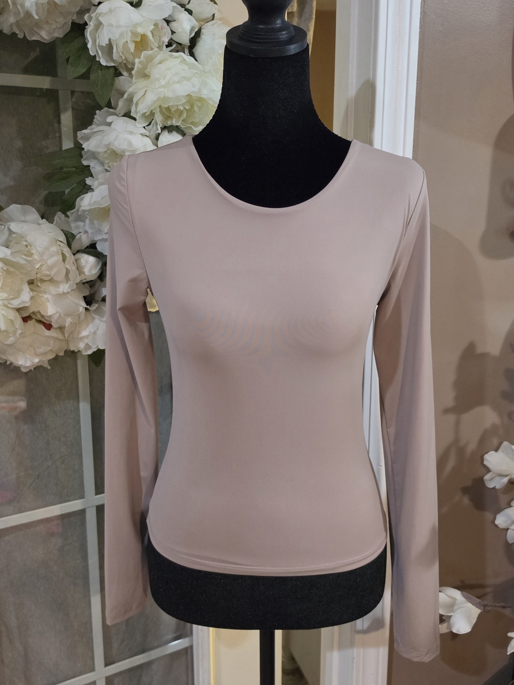 Pink Rose Long Sleeve Scoop Neck Double Lined Top in Blush Pink